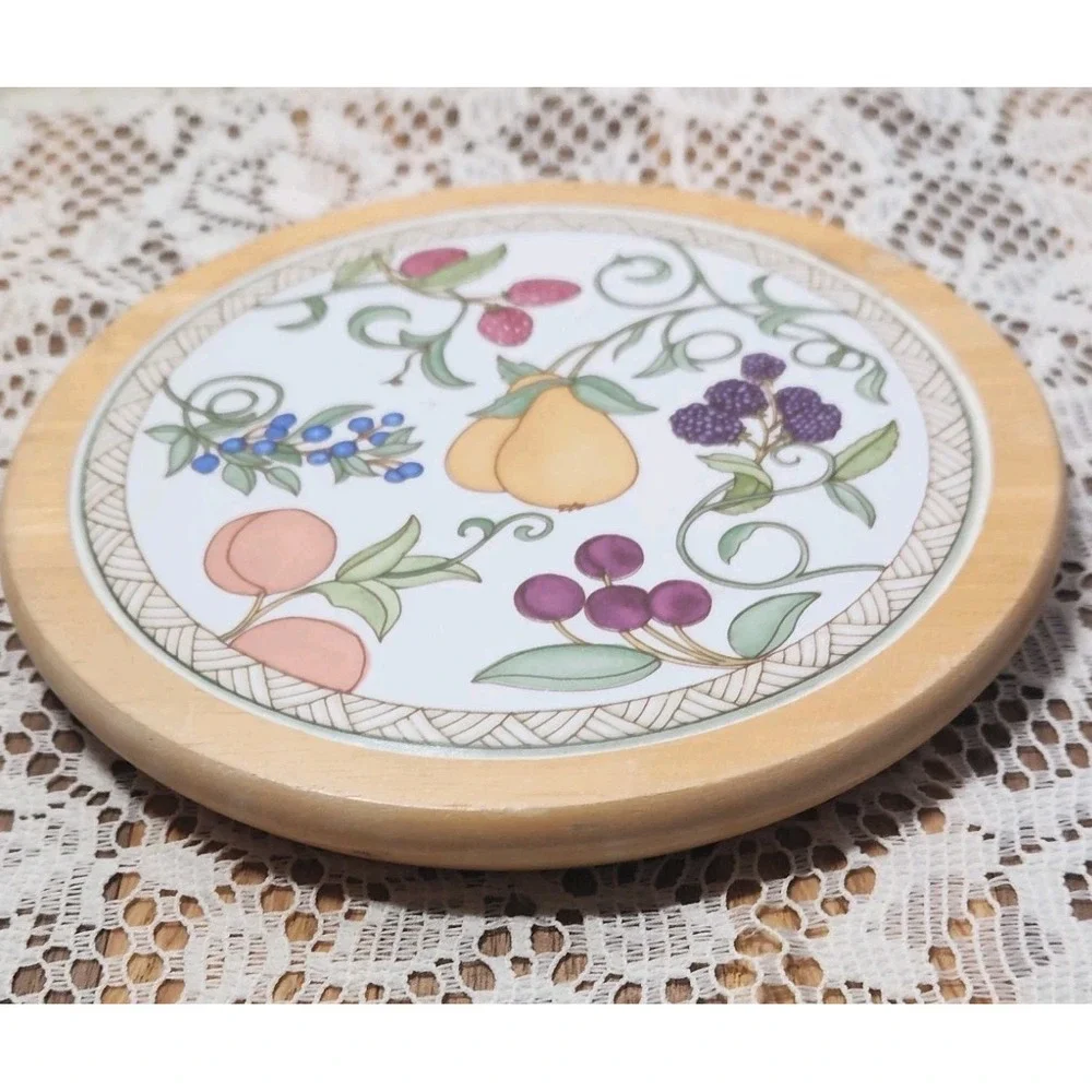 Vintage Dansk Umbrian Fruits Tile And Wood Trivet‎ MCM Thailand 7